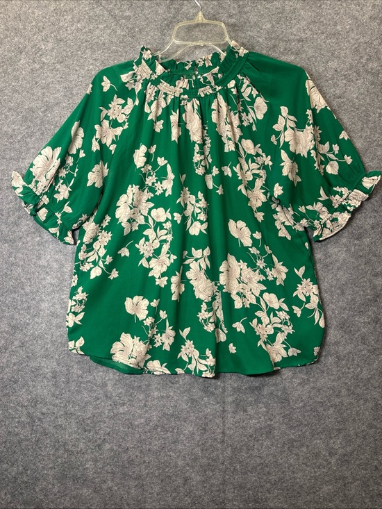 Sienna Sky Tops - Sienna Sky Top Womens Medium Green Floral Ruffle Neck Puff Sleeve Office Blouse
